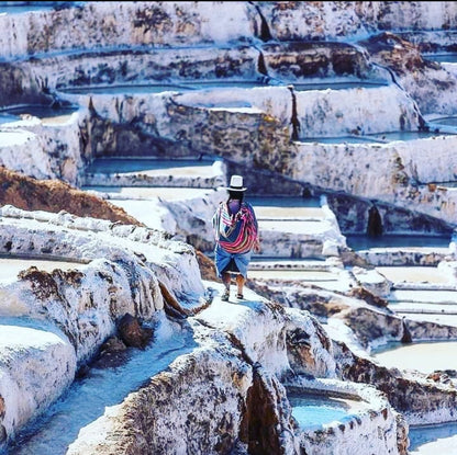 Personne marchant entre les bassins des salines de Maras près de Cusco dans les Andes du Pérou.